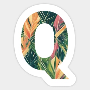 A pattern of vintage tropical leaves filling the letter Q Sticker